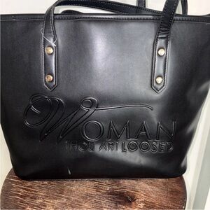 Women’s purse Black Tote Bag inscribted woman thou art lose! #l#christians#love